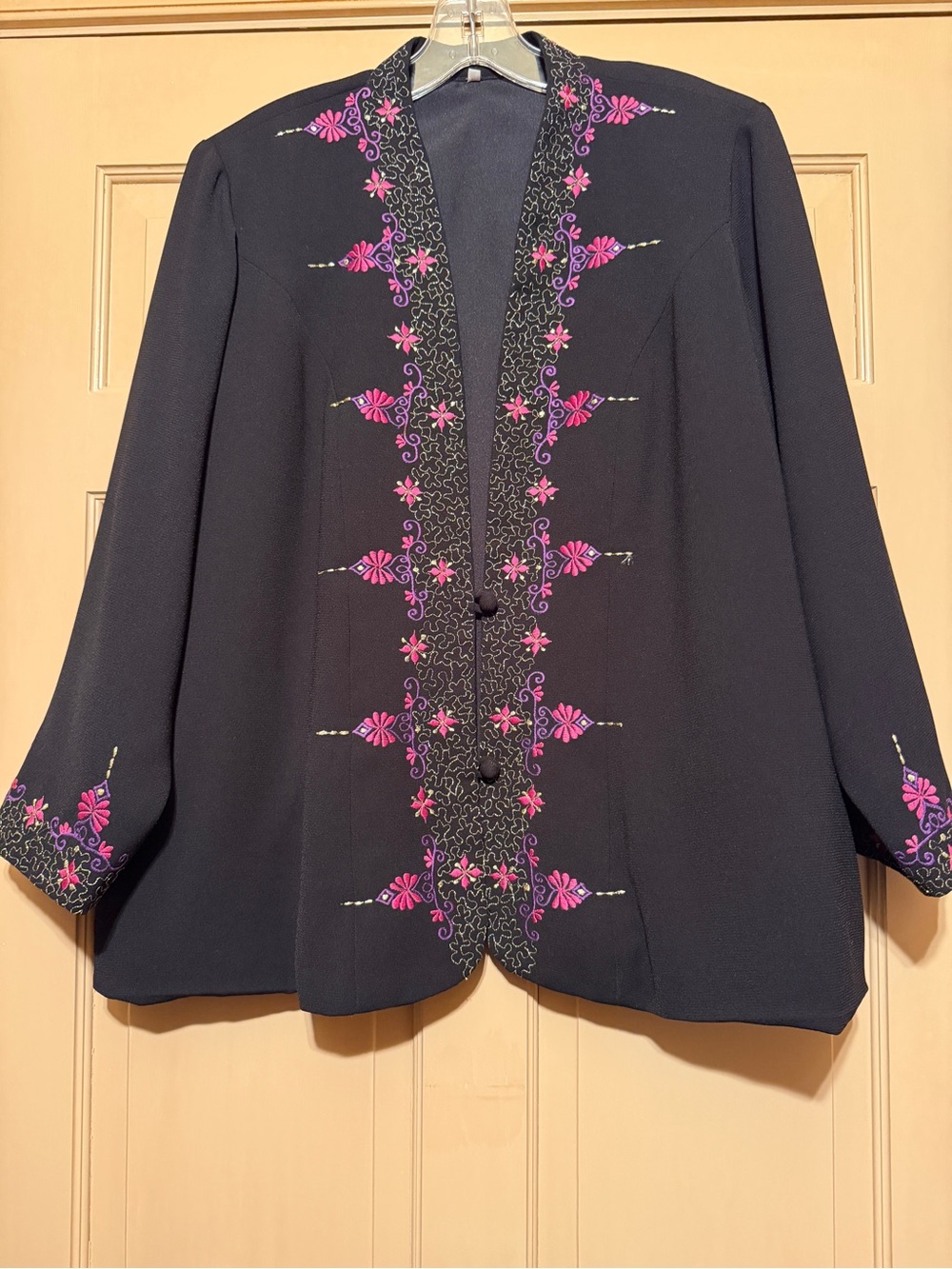 Embroidered Black Jacket with Pink Floral Accents
